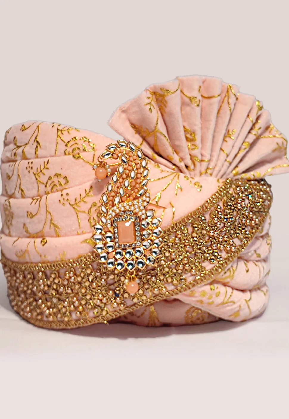 Embroidered Velvet Turban in Peach