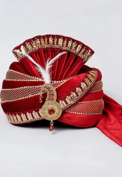 Embroidered Velvet Turban in Maroon