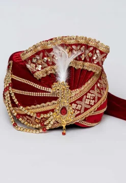 Embroidered Velvet Turban in Maroon
