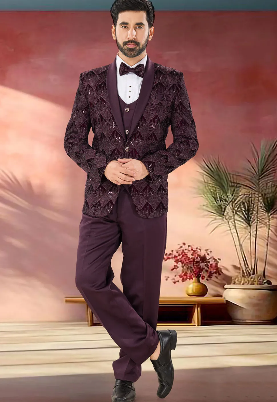 Embroidered Velvet Tuxedo in Wine