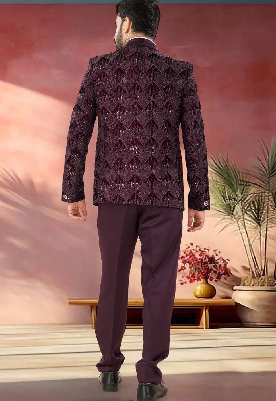 Embroidered Velvet Tuxedo in Wine