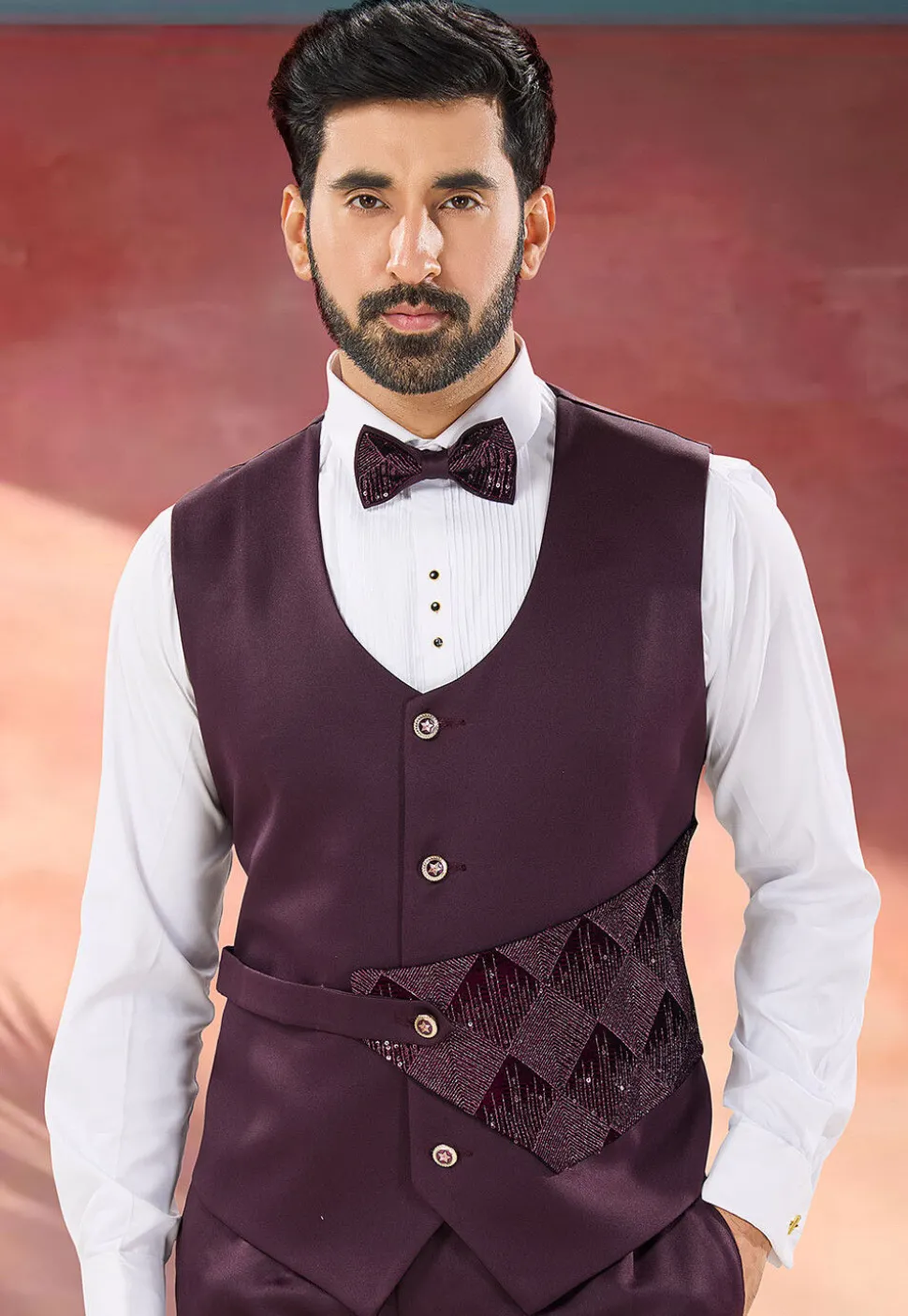 Embroidered Velvet Tuxedo in Wine