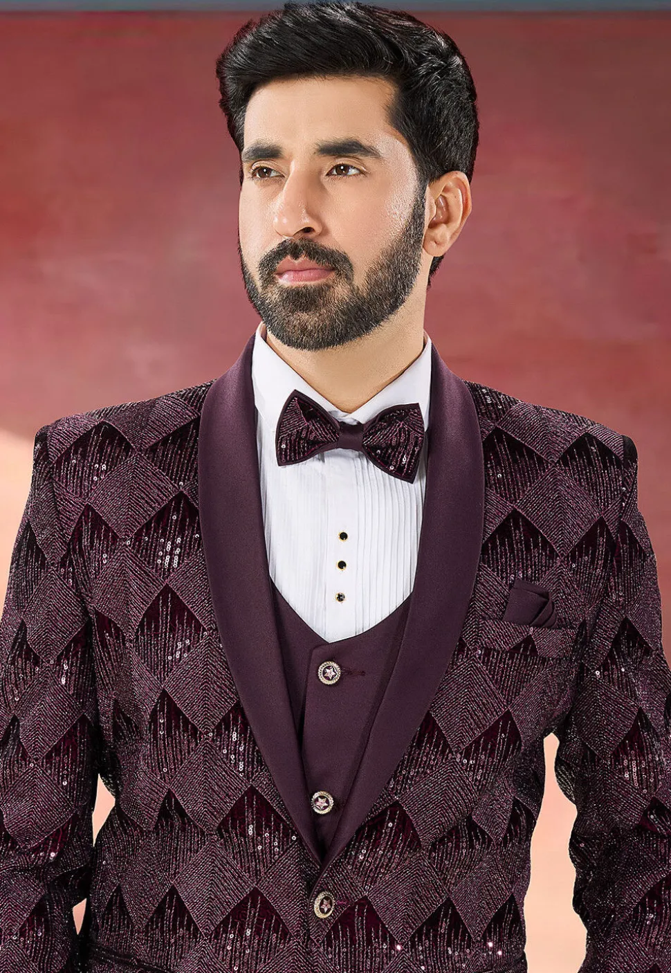 Embroidered Velvet Tuxedo in Wine