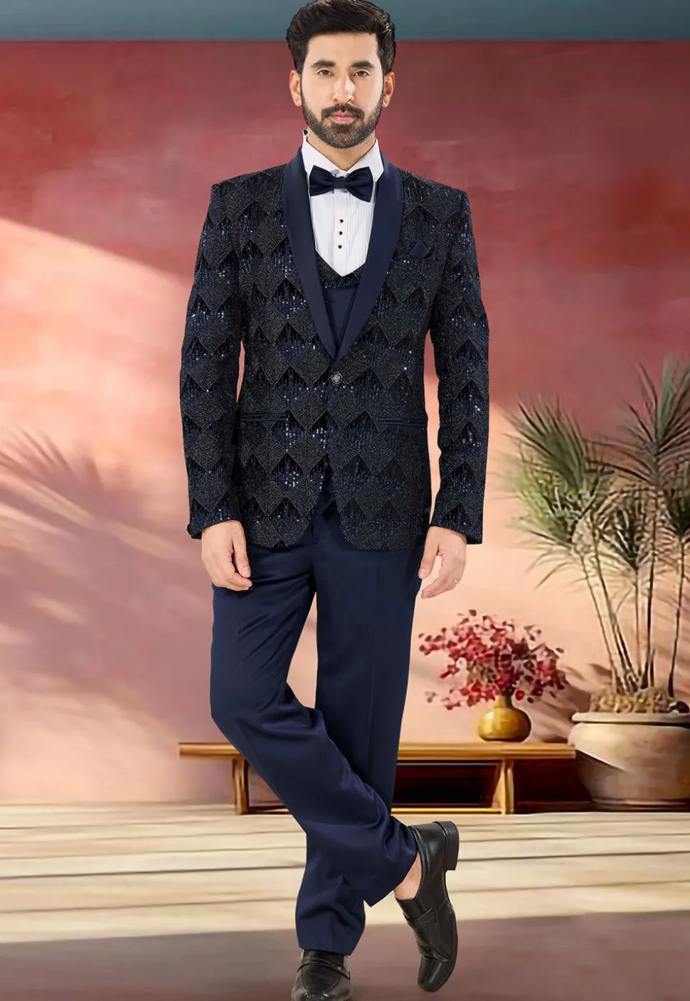 Embroidered Velvet Tuxedo in Navy Blue