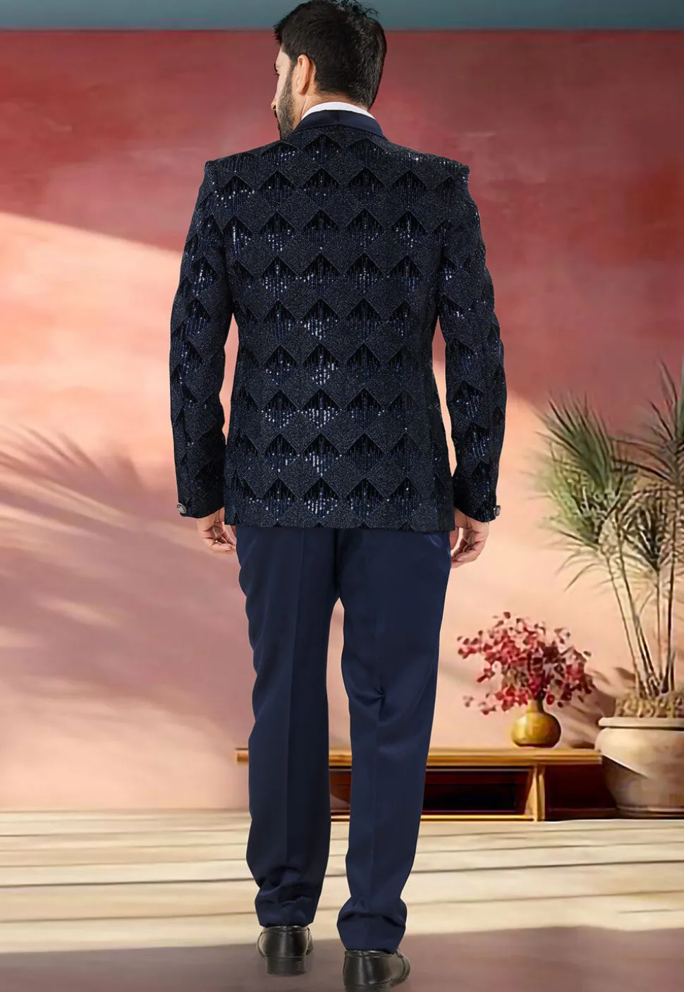 Embroidered Velvet Tuxedo in Navy Blue