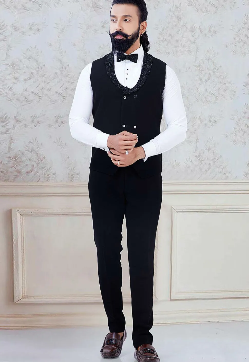 Embroidered Velvet Tuxedo in Black