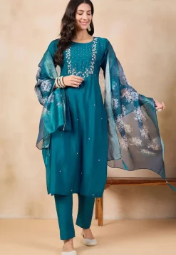 Embroidered Viscose Chanderi Pakistani Suit in Teal Blue