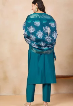 Embroidered Viscose Chanderi Pakistani Suit in Teal Blue