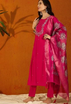 Embroidered Viscose Chanderi Pakistani Suit in Pink