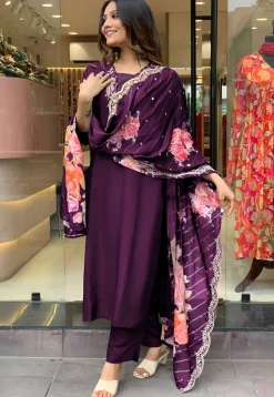 Embroidered Viscose Chanderi Pakistani Suit in Wine