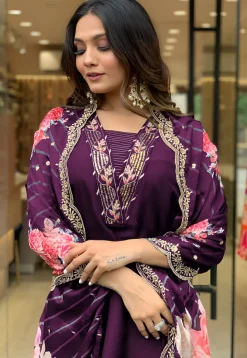 Embroidered Viscose Chanderi Pakistani Suit in Wine