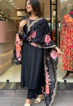 Embroidered Viscose Chanderi Pakistani Suit in Black