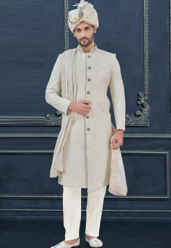 Embroidered Viscose Georgette Sherwani in Off White