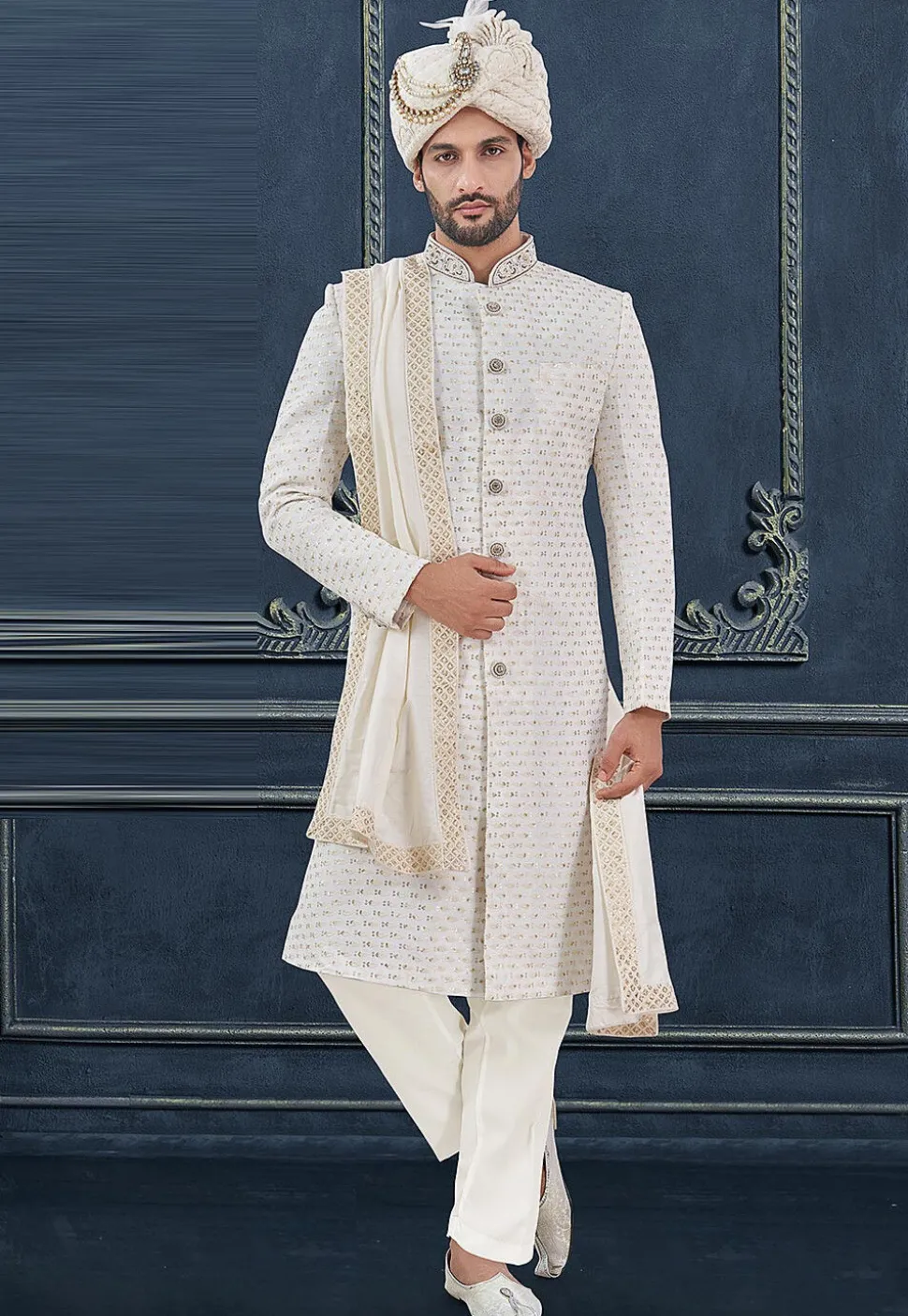 Embroidered Viscose Georgette Sherwani in Off White