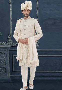 Embroidered Viscose Georgette Sherwani in Off White