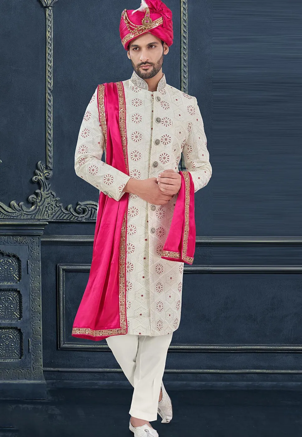 Embroidered Viscose Georgette Sherwani in Off White