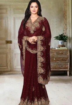 Embroidered Viscose Georgette Saree in Maroon
