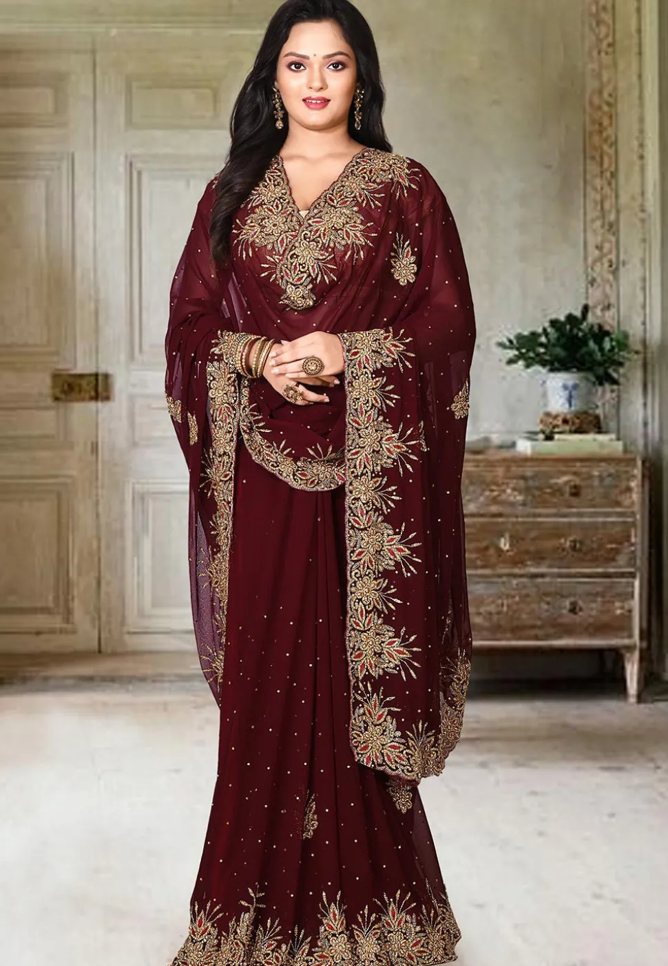 Embroidered Viscose Georgette Saree in Maroon