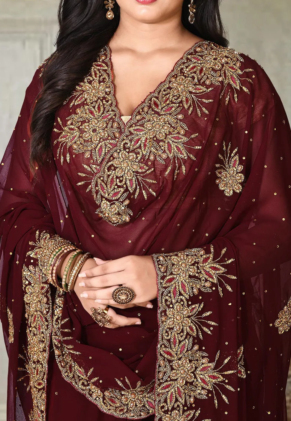 Embroidered Viscose Georgette Saree in Maroon