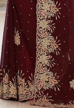 Embroidered Viscose Georgette Saree in Maroon
