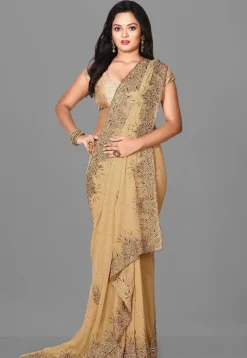Embroidered Viscose Georgette Saree in Beige