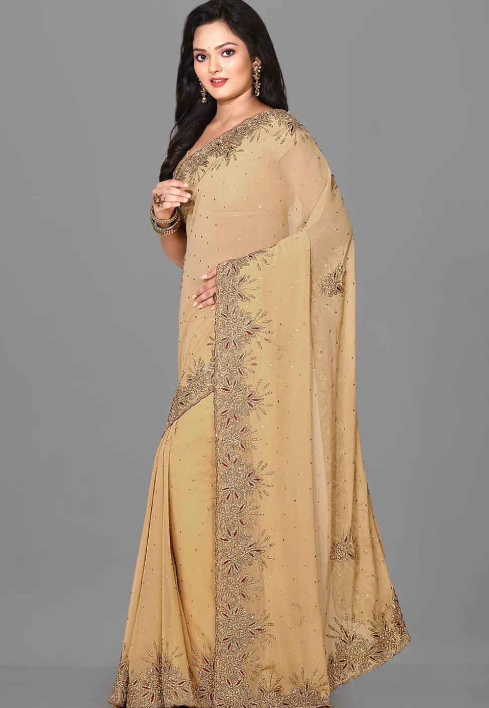Embroidered Viscose Georgette Saree in Beige
