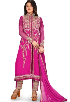 Embroidered Viscose Georgette Front Slit Straight Suit in Fuchsia