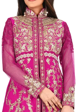 Embroidered Viscose Georgette Front Slit Straight Suit in Fuchsia