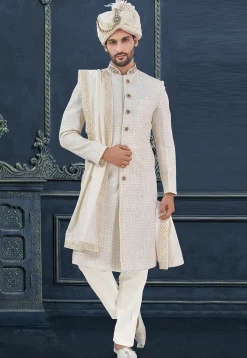Embroidered Viscose Georgette Sherwani in Off White