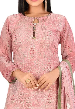 Embroidered Viscose Georgette Straight Suit in Pink