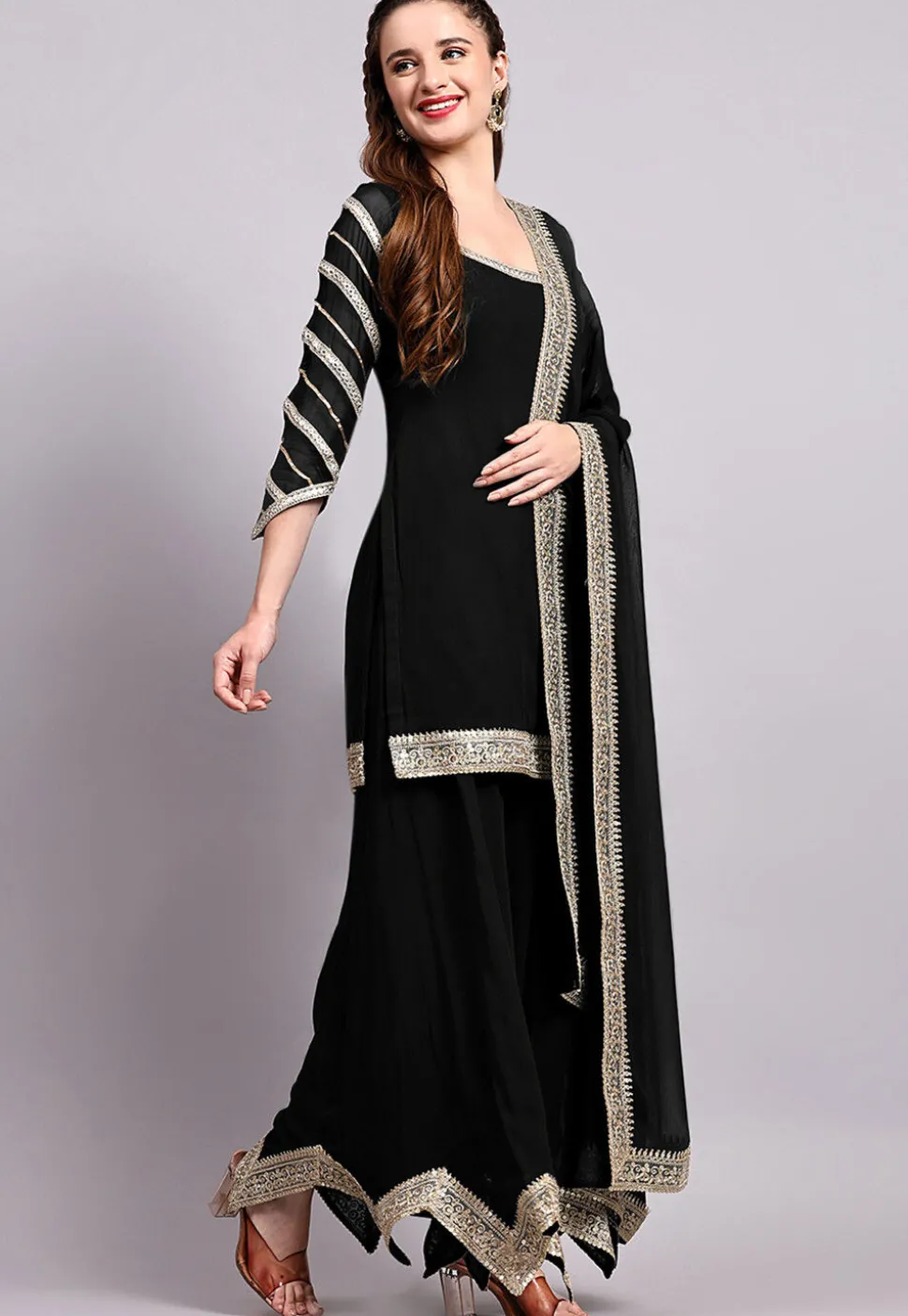 Embroidered Viscose Georgette Pakistani Suit in Black