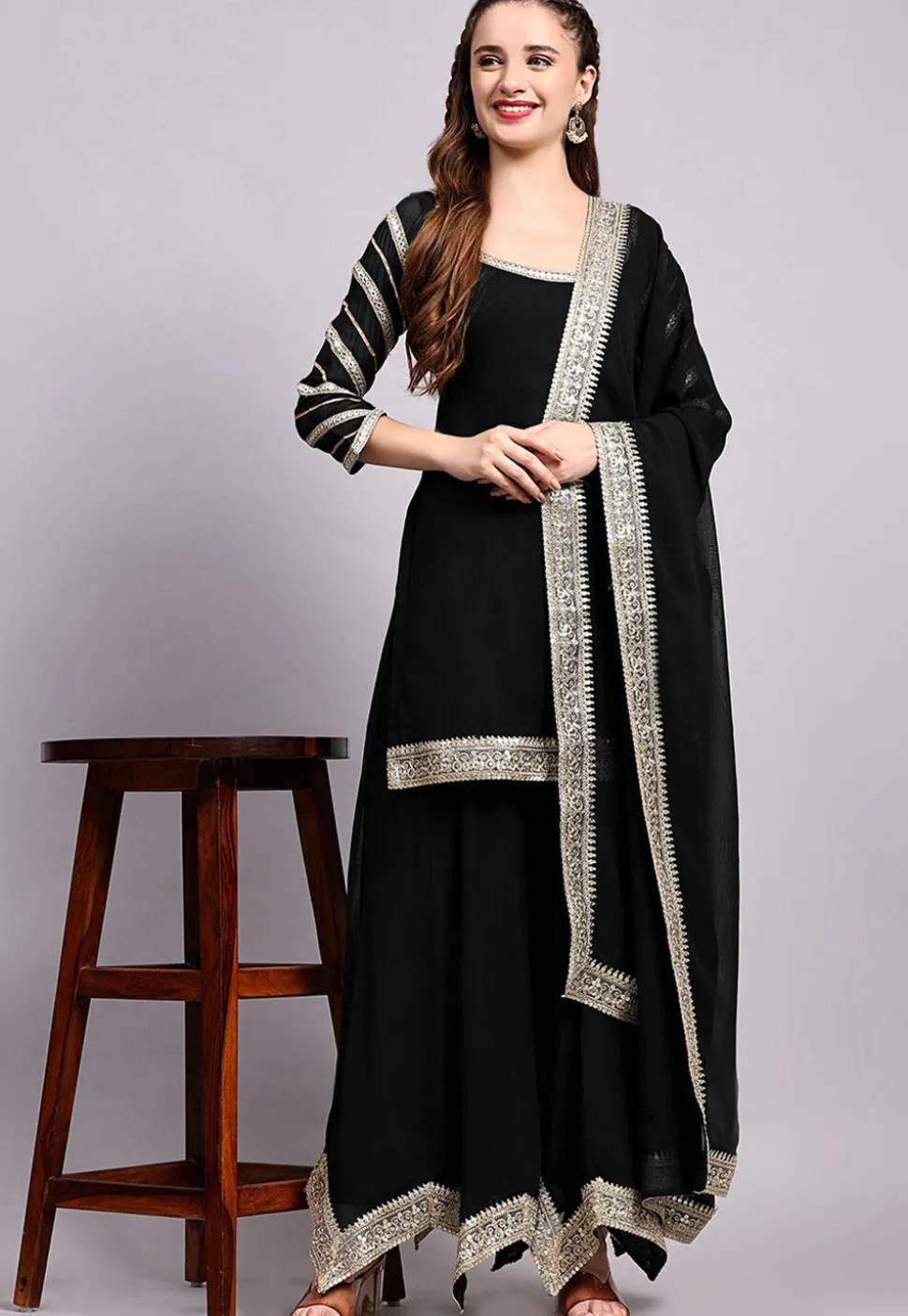 Embroidered Viscose Georgette Pakistani Suit in Black