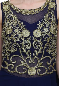 Embroidered Viscose Georgette Saree Style Gown in Navy Blue