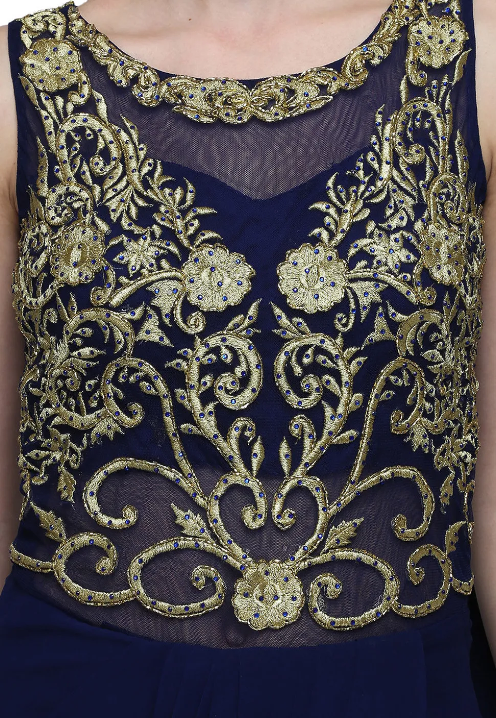 Embroidered Viscose Georgette Saree Style Gown in Navy Blue