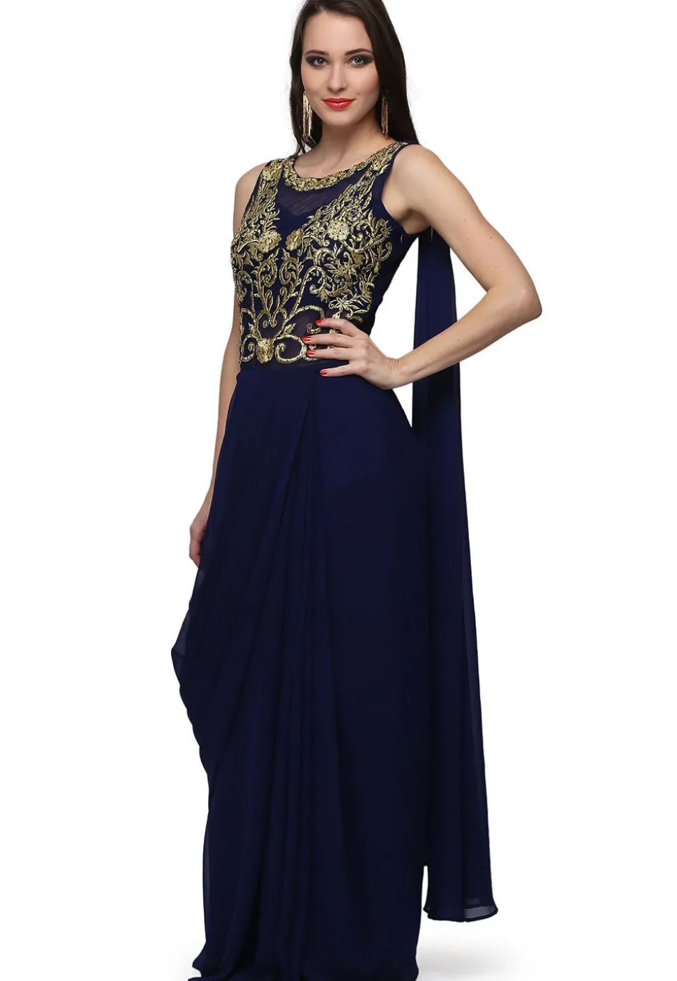Embroidered Viscose Georgette Saree Style Gown in Navy Blue