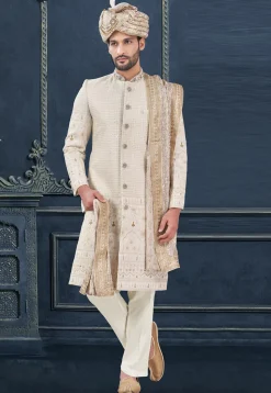 Embroidered Viscose Georgette Sherwani in Off White