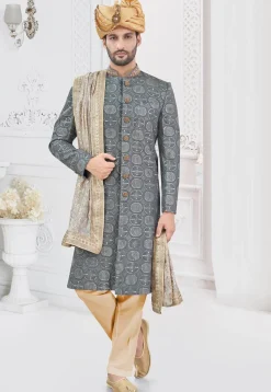 Embroidered Viscose Georgette Sherwani in Grey