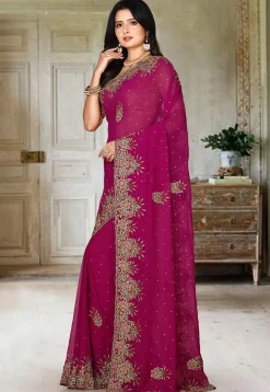 Embroidered Viscose Georgette Saree in Magenta