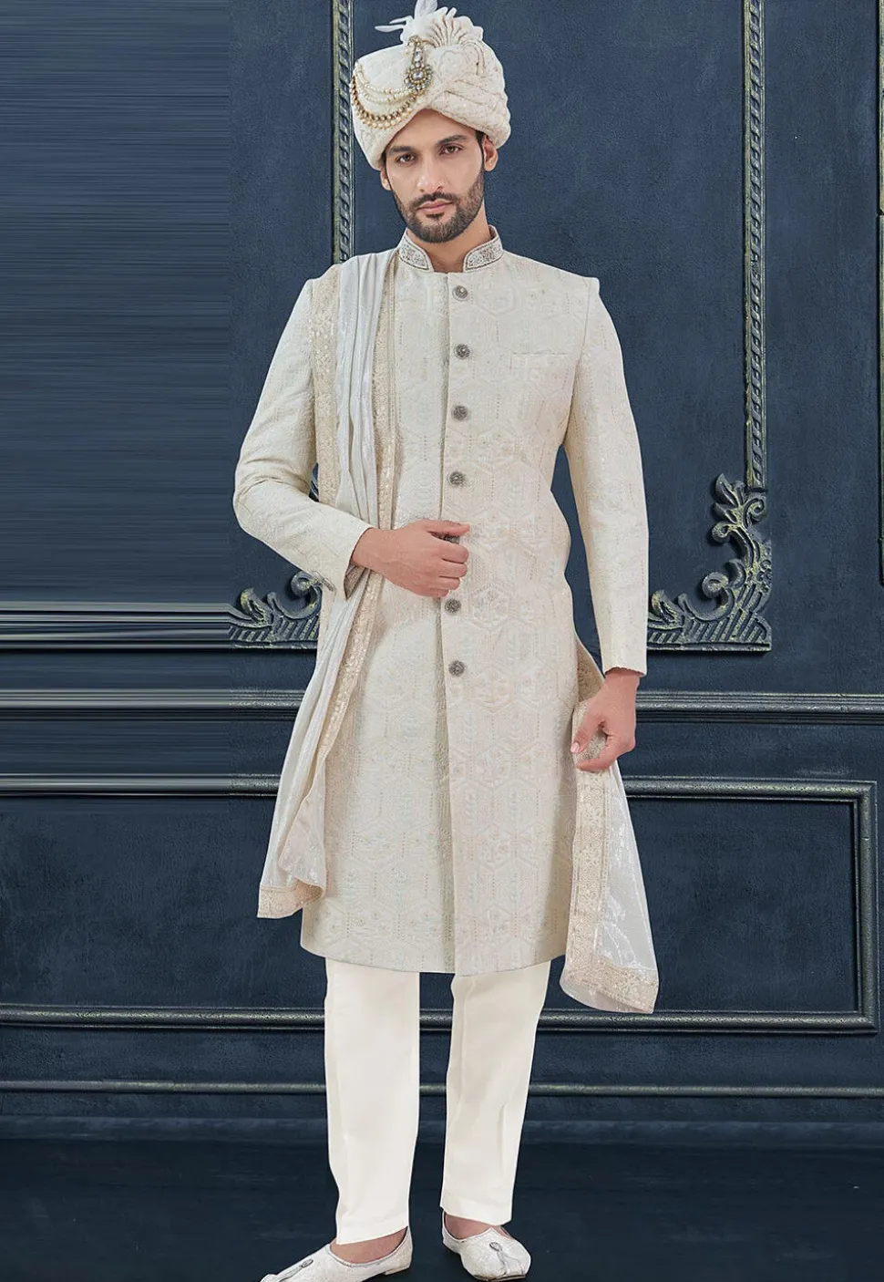 Embroidered Viscose Georgette Sherwani in Off White