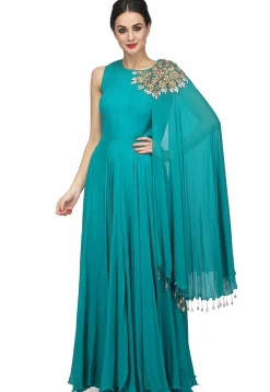 Embroidered Viscose Georgette Gown in Teal Green