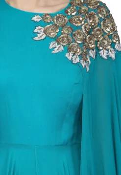 Embroidered Viscose Georgette Gown in Teal Green