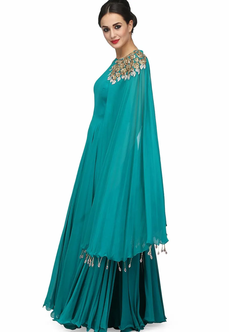 Embroidered Viscose Georgette Gown in Teal Green