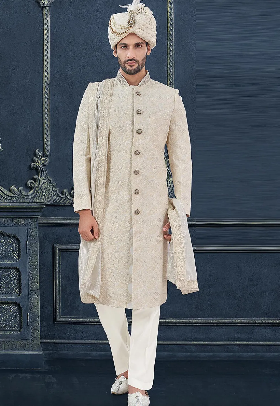 Embroidered Viscose Georgette Sherwani in Cream