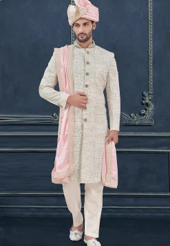 Embroidered Viscose Georgette Sherwani in Off White