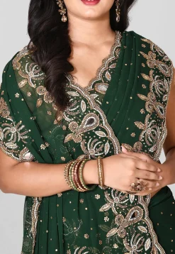 Embroidered Viscose Georgette Saree in Dark Green