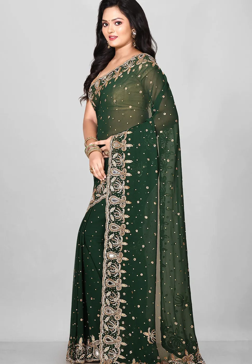 Embroidered Viscose Georgette Saree in Dark Green