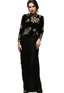 Embroidered Viscose Gown in Black