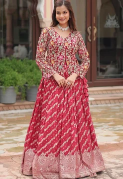 Embroidered Viscose Jacquard Top Set in Red