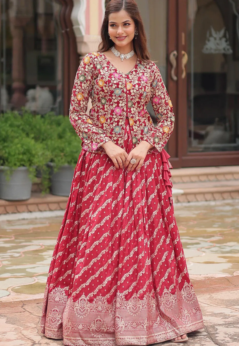 Embroidered Viscose Jacquard Top Set in Red
