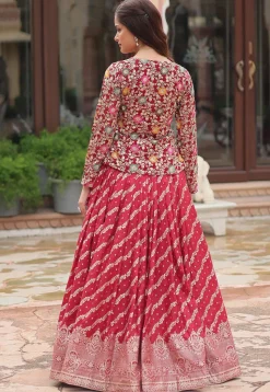 Embroidered Viscose Jacquard Top Set in Red